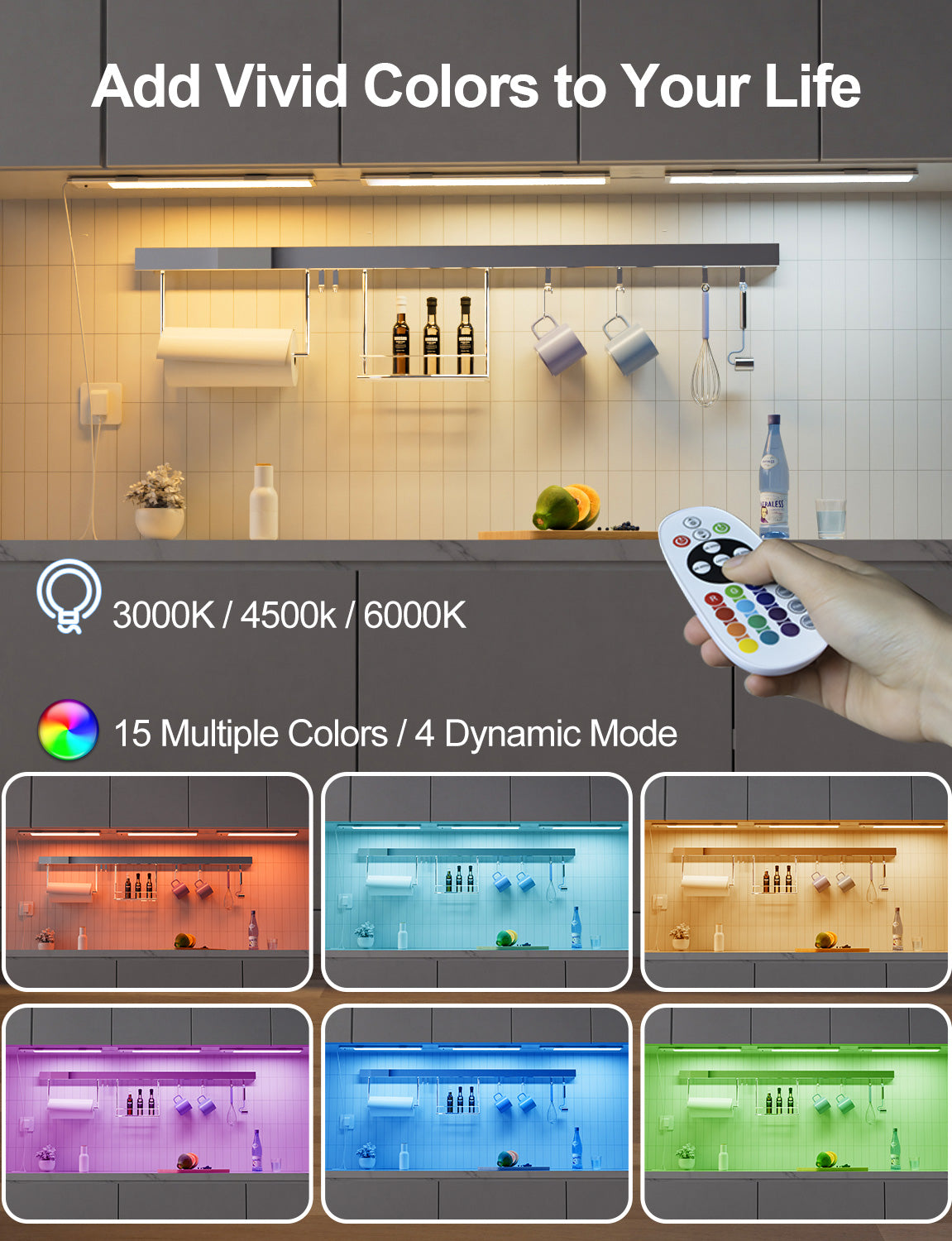 SZOKLED Under Cabinet Lighting Plug in, Hardwired LED Under Cabinet Lights with Timer & Dimmable, 15 RGB Color Changing, 3-Pack