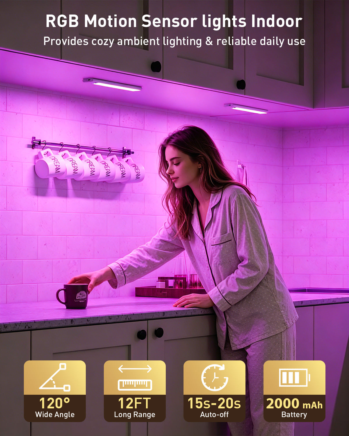 Under Cabinet Lighting, 96-LED RGB Motion Sensor Light Indoor, 12 Inch Closet Light, Timer & Dimmable Rechargeable Under Counter Lights for Kitchen Stairs Hallway, 4 Pack