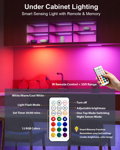 Under Cabinet Lighting, 96-LED RGB Motion Sensor Light Indoor, 12 Inch Closet Light, Timer & Dimmable Rechargeable Under Counter Lights for Kitchen Stairs Hallway, 4 Pack