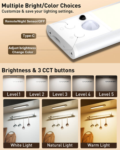 Under Cabinet Lighting, 96-LED RGB Motion Sensor Light Indoor, 12 Inch Closet Light, Timer & Dimmable Rechargeable Under Counter Lights for Kitchen Stairs Hallway, 4 Pack