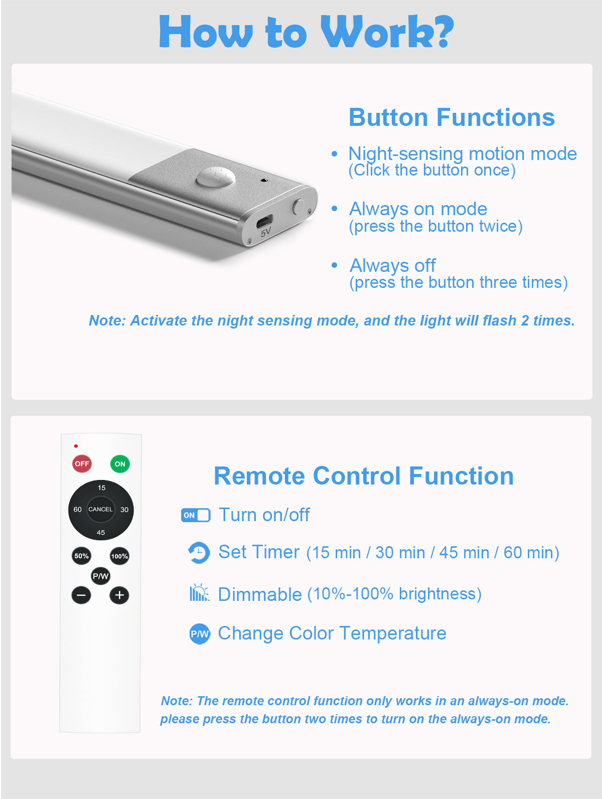 SZOKLED 64-LED Motion Sensor Under Cabinet Lighting Remote Control, 3 Colors