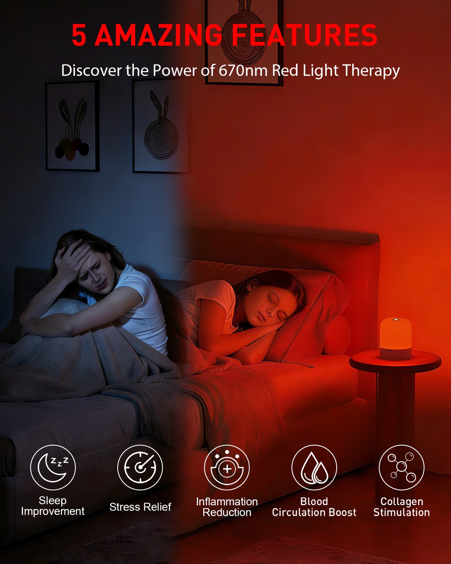Natural Sleep Aid, Remote Control, Timer, Red Night Light for Bedroom, Sleeping, Reading, Baby Nursery