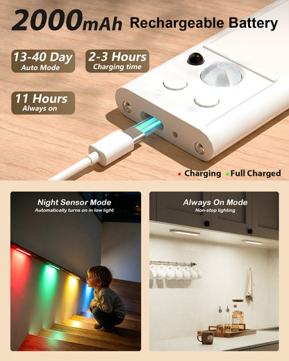 Under Cabinet Lighting, 96-LED RGB Motion Sensor Light Indoor, 12 Inch Closet Light, Timer & Dimmable Rechargeable Under Counter Lights for Kitchen Stairs Hallway, 4 Pack
