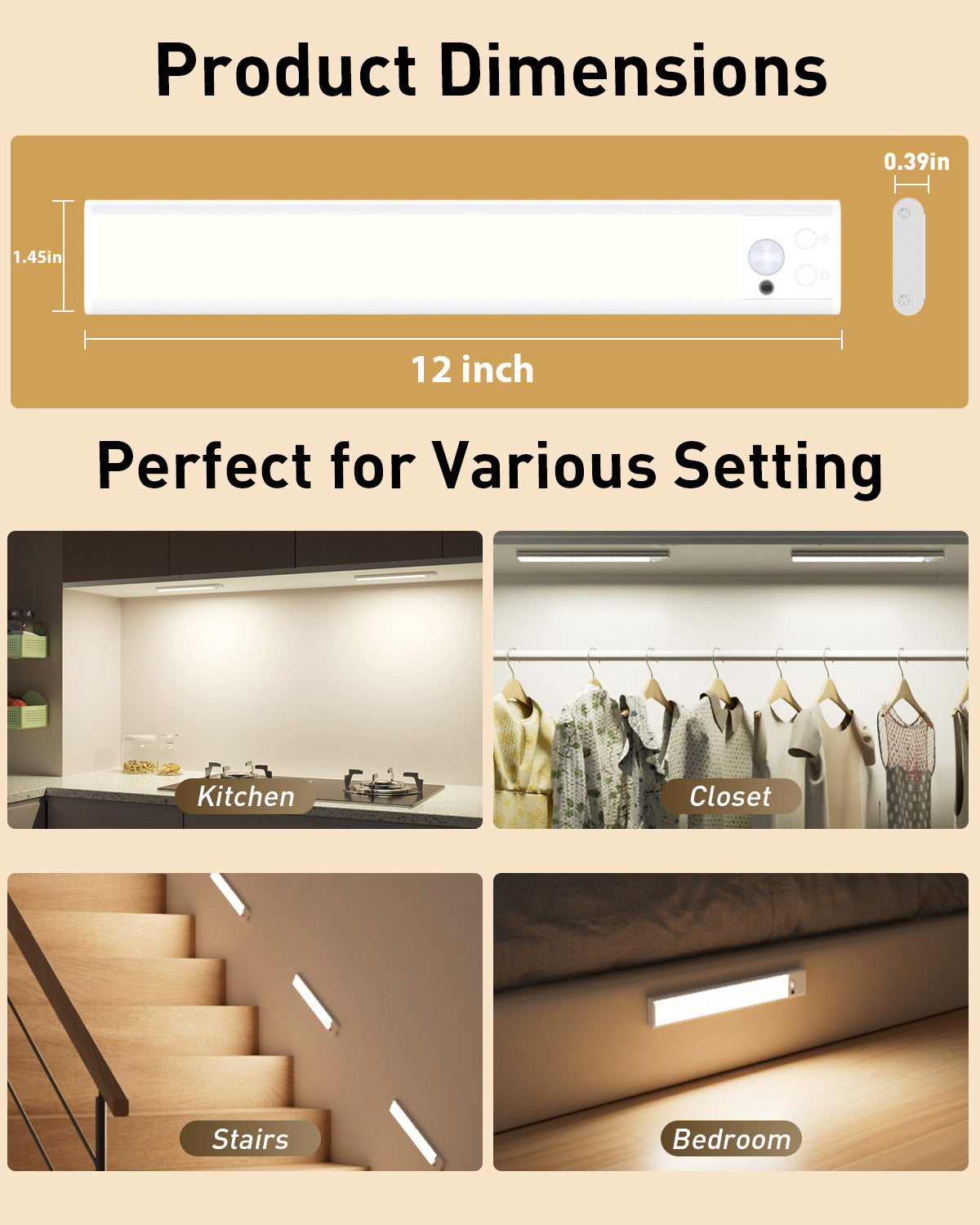 Under Cabinet Lighting, 96-LED RGB Motion Sensor Light Indoor, 12 Inch Closet Light, Timer & Dimmable Rechargeable Under Counter Lights for Kitchen Stairs Hallway, 4 Pack