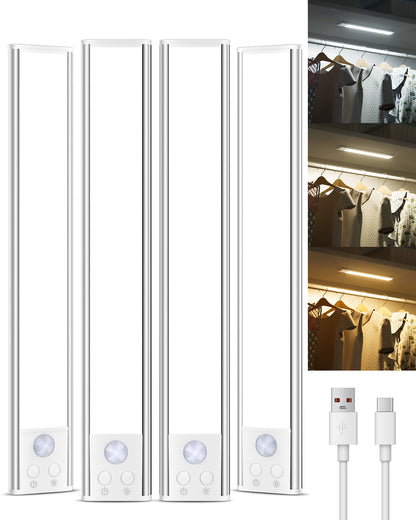 Under Cabinet Lighting, Rechargeable Motion Sensor Light Indoor, 4 Pack Magnetic Dimmable Closet Lights, Wireless Under Counter Lights for Kitchen, Stairs,Hallway(11.8inch)