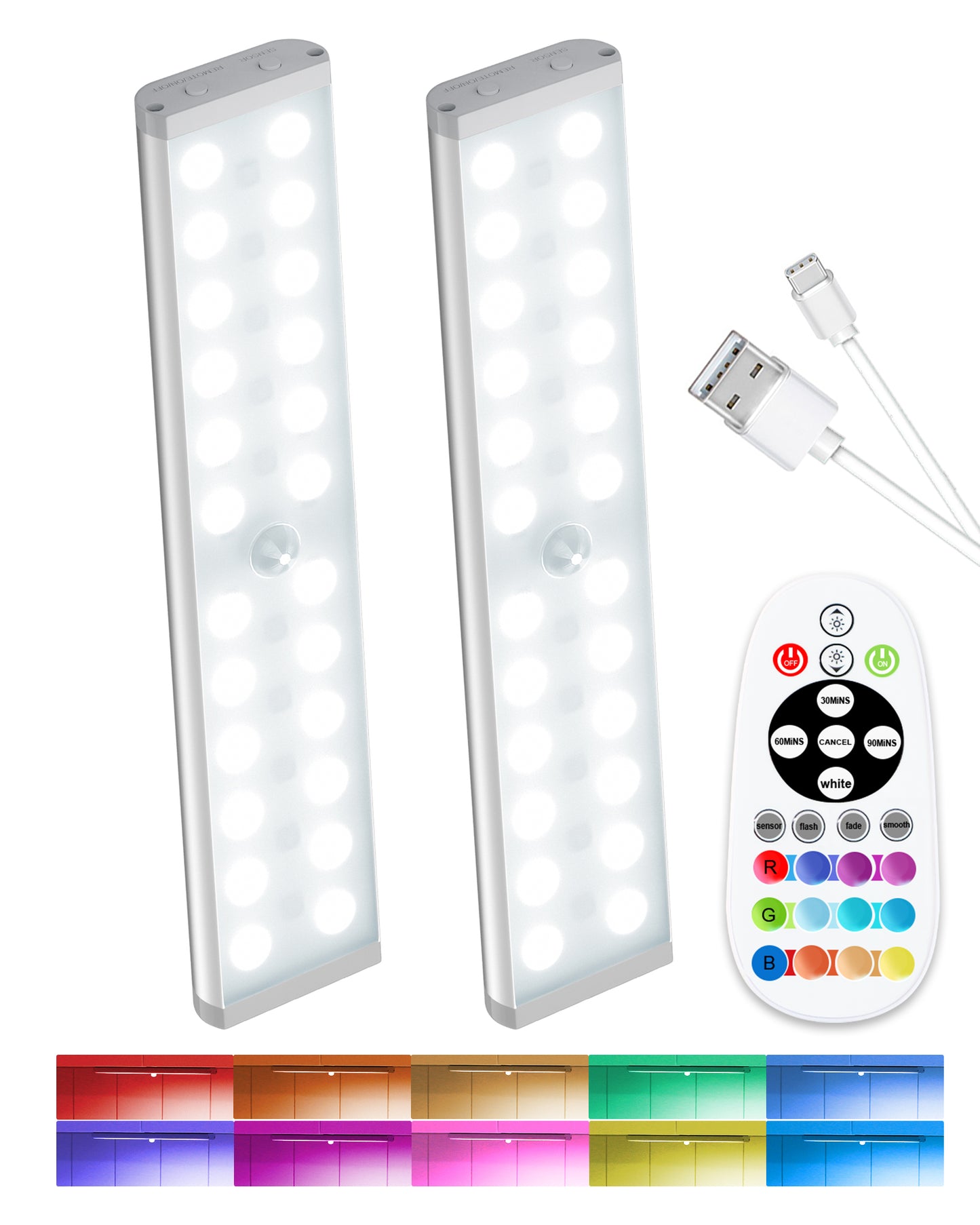 SZOKLED 58-LED RGB Motion Sensor Under Cabinet Lighting with Remote Control, 15 Color (2 Packs)