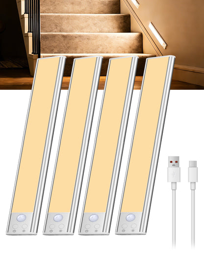 SZOKLED Motion Sensor Light Indoor, Rechargeable Closet Lights Battery Operated, Dimmable Under Cabinet Lighting for Kitchen, Stair, Wardrobe, Pantry, 4Pack (9.84inch)
