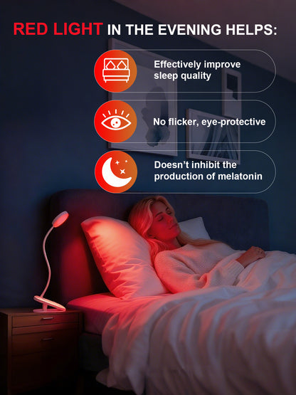 SZOKLED Red Light Reading Lights for Books in Bed, Clip on Lamp with Timer & Dimmable, Rechargeable Eye Care Night Light