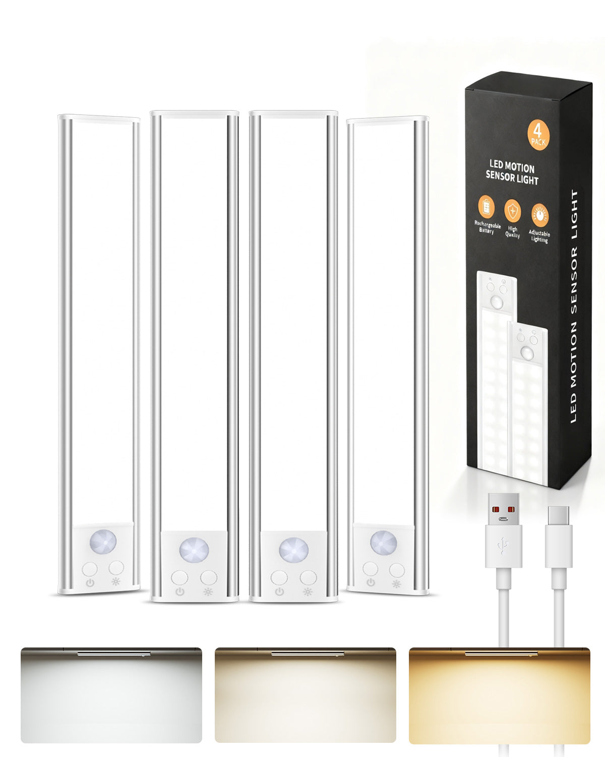 68-LED Motion Sensor Light Indoor, 10inch Closet Lights Rechargeable, Dimmable Under Cabinet Lighting for Kitchen, Stair, Wardrobe, Pantry, 4Pack