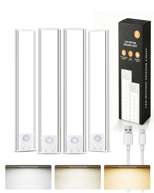 68-LED Motion Sensor Light Indoor, 10inch Closet Lights Rechargeable, Dimmable Under Cabinet Lighting for Kitchen, Stair, Wardrobe, Pantry, 4Pack