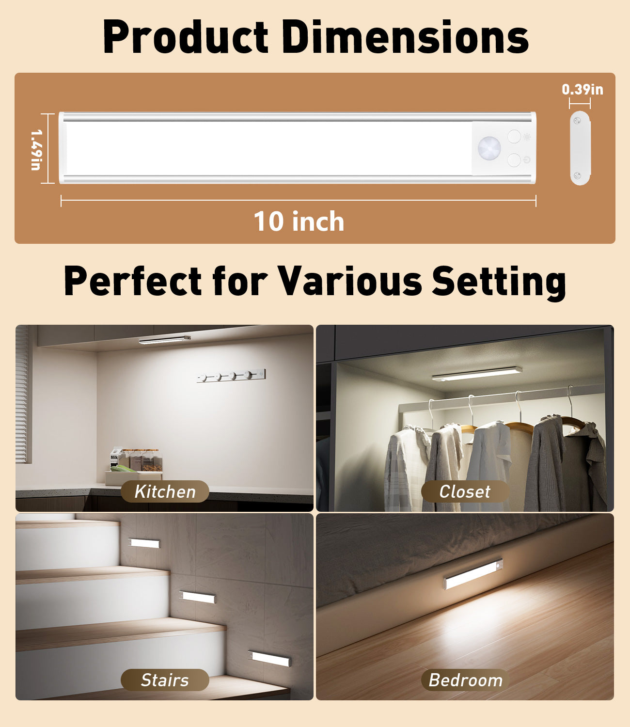 68-LED Motion Sensor Light Indoor, 10inch Closet Lights Rechargeable, Dimmable Under Cabinet Lighting for Kitchen, Stair, Wardrobe, Pantry, 4Pack