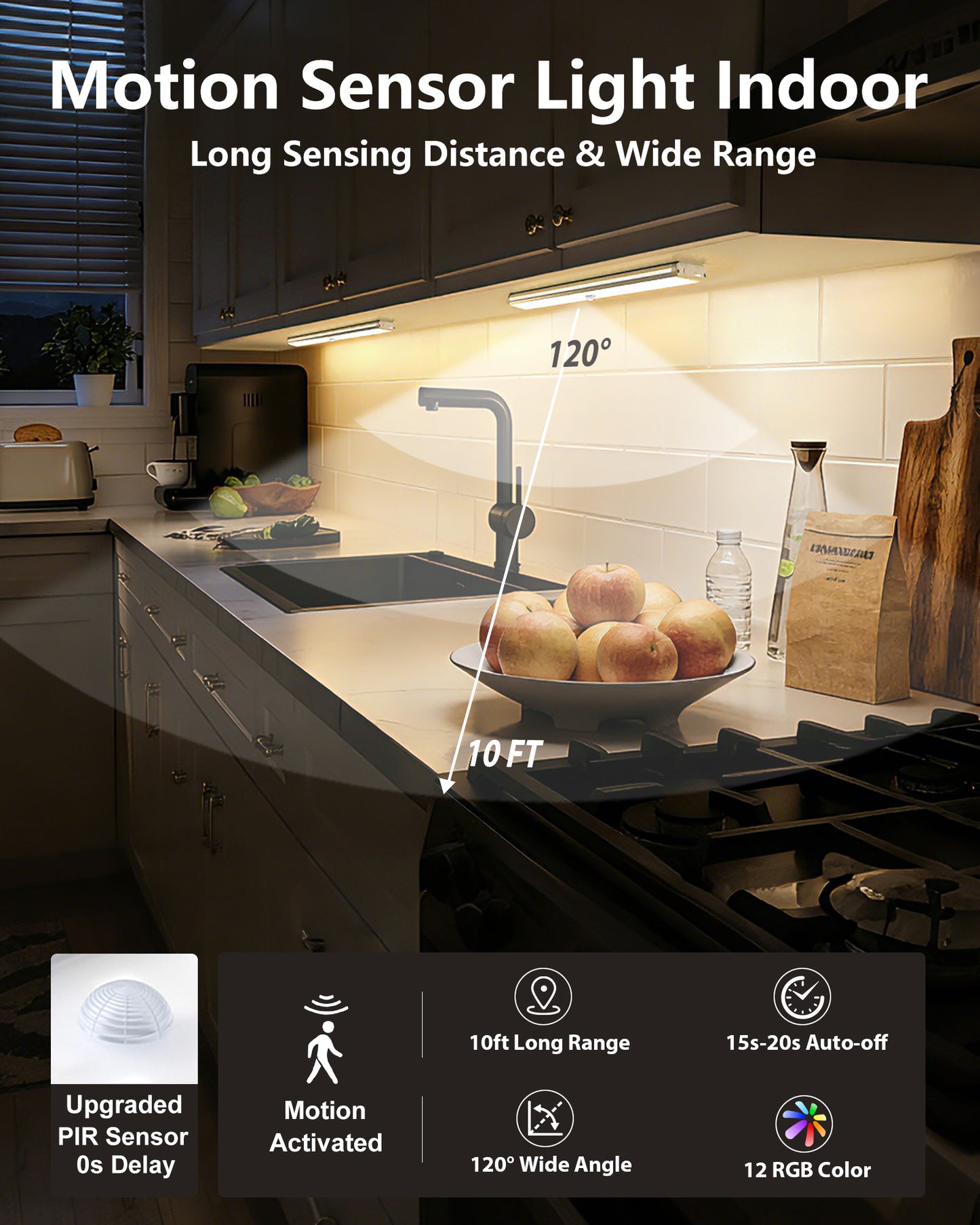 SZOKLED 58-LED RGB Motion Sensor Under Cabinet Lighting with Remote Control, 15 Color (6 Packs)