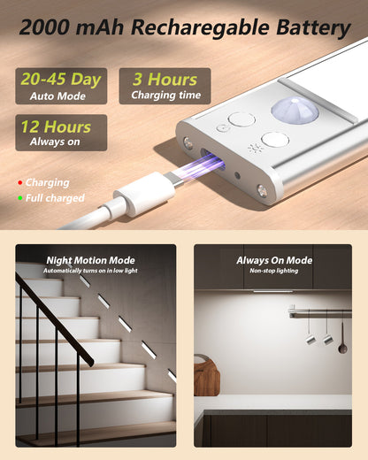 80-LED Under Cabinet Lighting, 12inch Rechargeable Motion Sensor Light Indoor, Magnetic Dimmable Closet Lights, Wireless Under Counter Lights for Kitchen, Stairs,Hallway 4 Pack