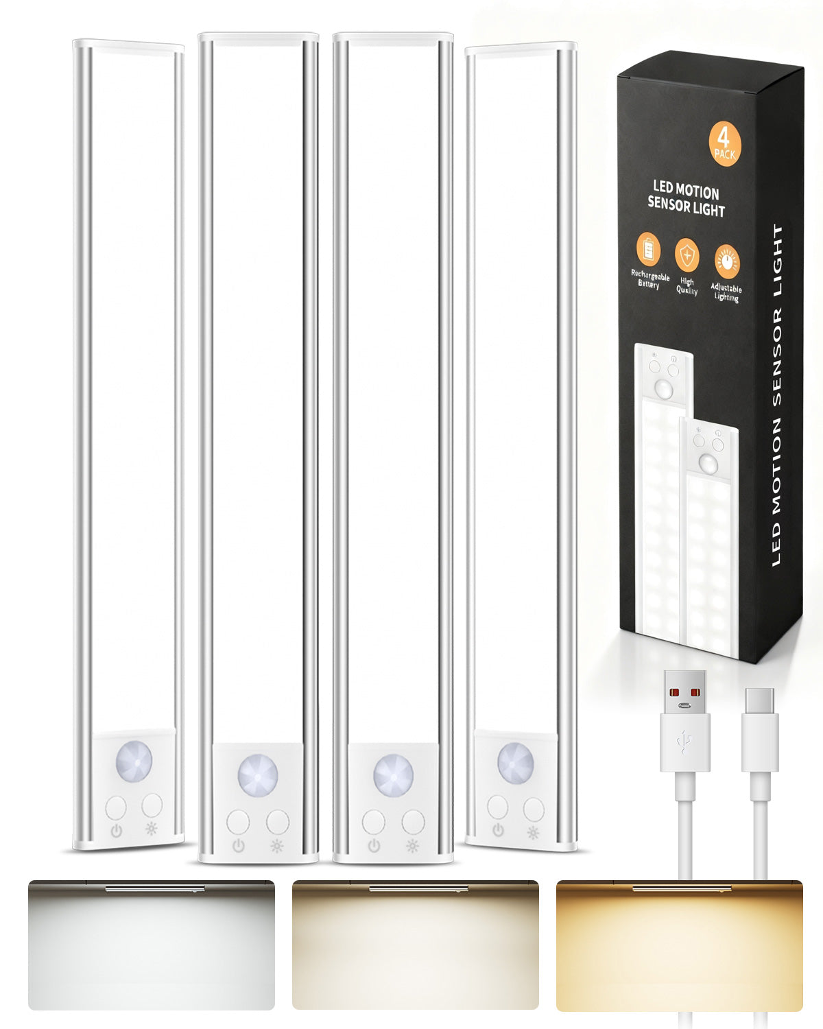 80-LED Under Cabinet Lighting, 12inch Rechargeable Motion Sensor Light Indoor, Magnetic Dimmable Closet Lights, Wireless Under Counter Lights for Kitchen, Stairs,Hallway 4 Pack