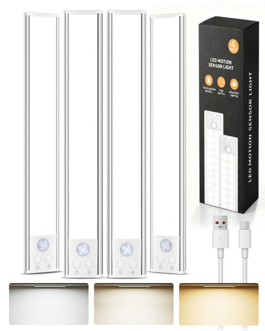 Under Cabinet Lighting, Rechargeable Motion Sensor Light Indoor, 4 Pack Magnetic Dimmable Closet Lights, Wireless Under Counter Lights for Kitchen, Stairs,Hallway(11.8inch)