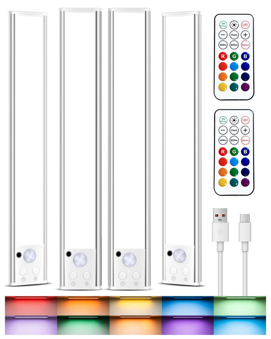 Under Cabinet Lighting, 96-LED RGB Motion Sensor Light Indoor, 12 Inch Closet Light, Timer & Dimmable Rechargeable Under Counter Lights for Kitchen Stairs Hallway, 4 Pack