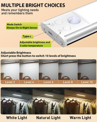 80-LED Under Cabinet Lighting, 12inch Rechargeable Motion Sensor Light Indoor, Magnetic Dimmable Closet Lights, Wireless Under Counter Lights for Kitchen, Stairs,Hallway 4 Pack