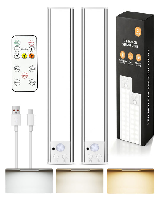 80-LED Motion Sensor Light Indoor with Remote, 12 inch Under Cabinet Lighting Wireless, Timer & Dimmable Under Cabinet Lights, Under Counter Lights for Kitchen, Stairs, Hallway, 3 Color, 2Pack