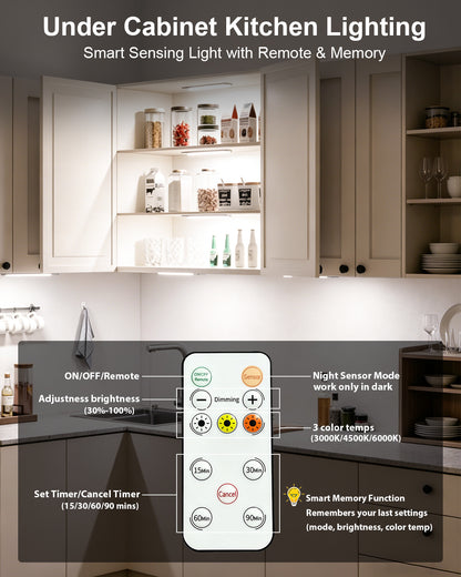 80-LED Motion Sensor Light Indoor with Remote, 12 inch Under Cabinet Lighting Wireless, Timer & Dimmable Under Cabinet Lights, Under Counter Lights for Kitchen, Stairs, Hallway, 3 Color, 2Pack